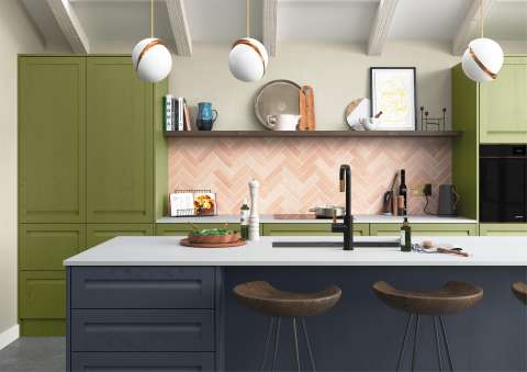 Shaker-style kitchen with integrated handle painted slate blue and citrus green