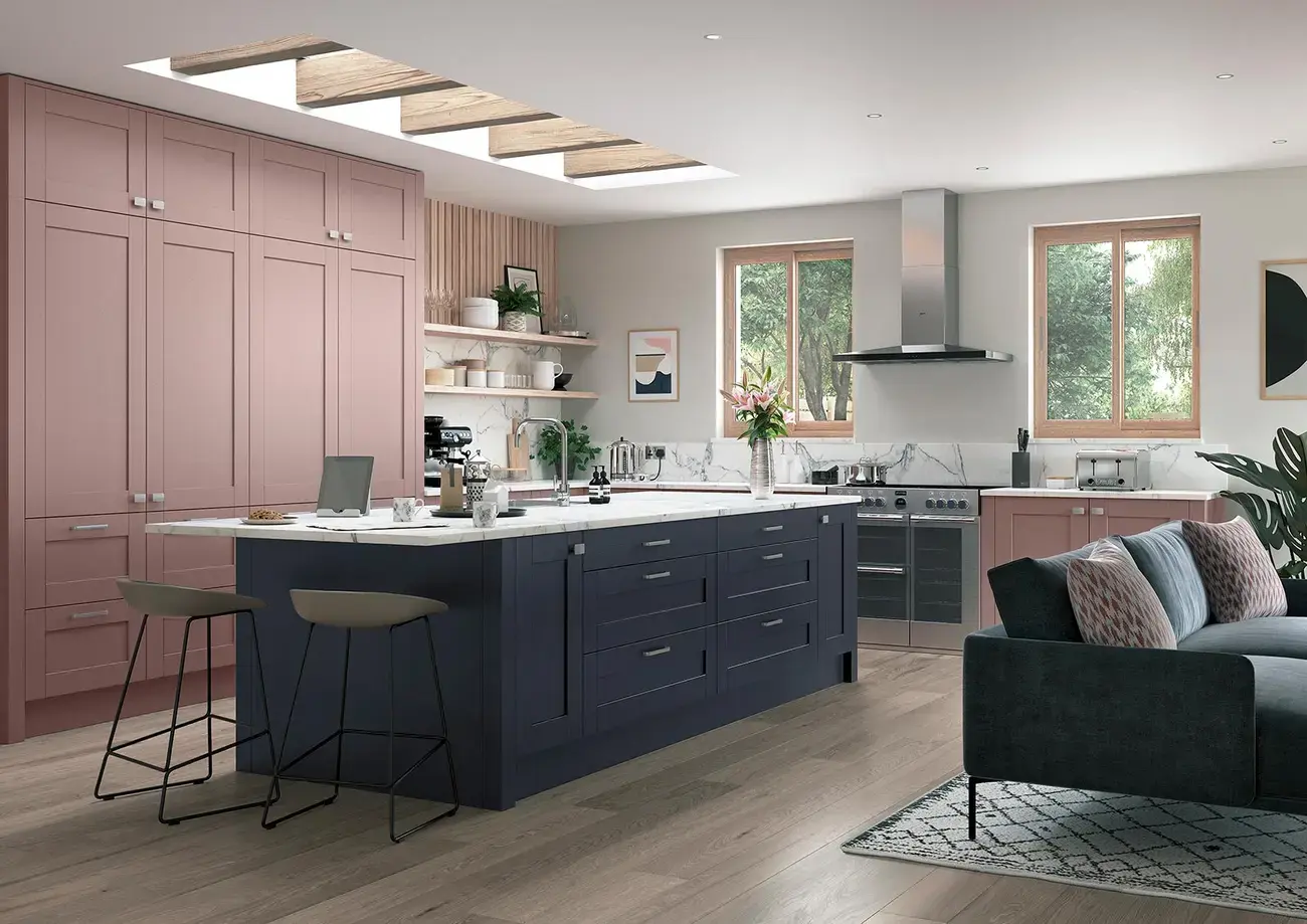 Contemporary shaker-style kitchen painted vintage pink and slate blue