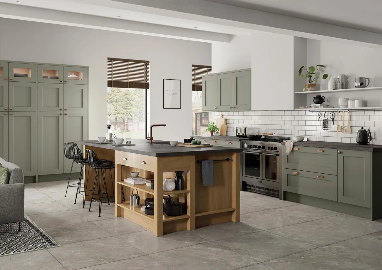 Shaker-style kitchen in light oak and cardamom