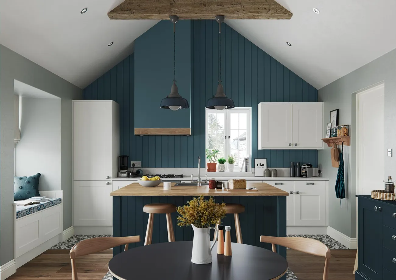 Shaker-style kitchen painted marine blue and porcelain