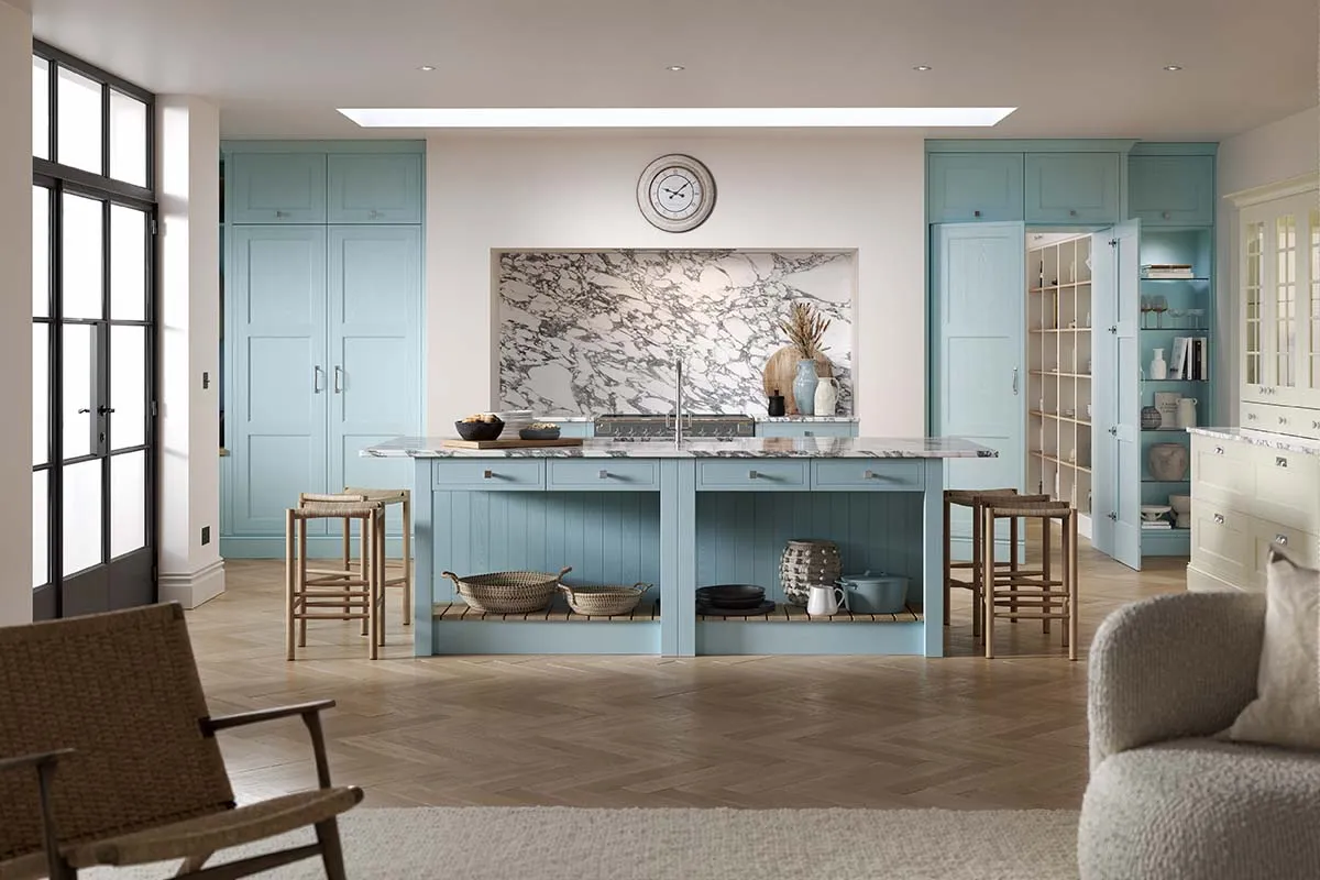 Shaker-style kitchen painted pantry blue and porcelain