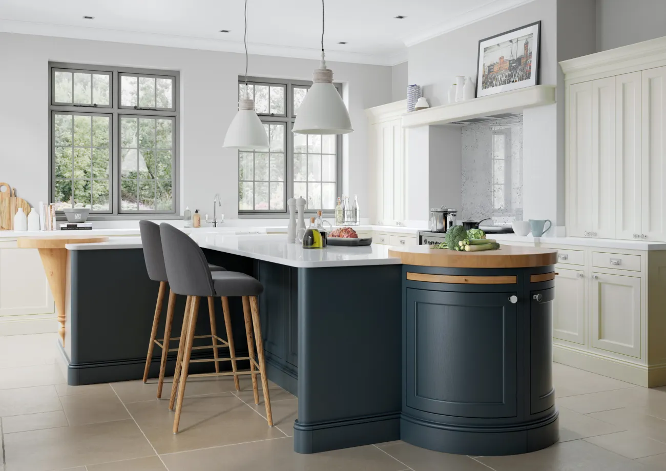 In-Frame shaker-style kitchen painted slate blue and porcelain