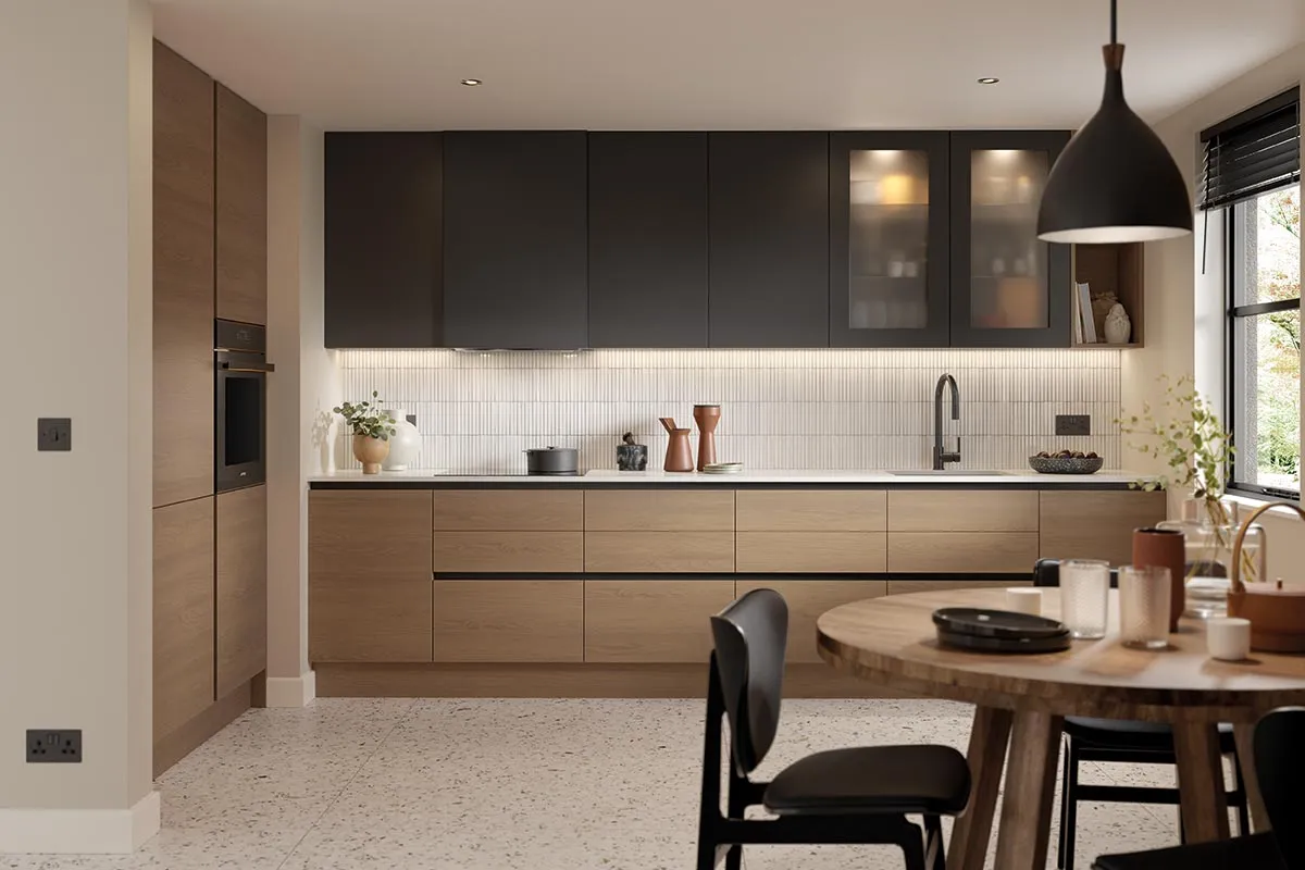 True handleless kitchen in parched oak and painted graphite