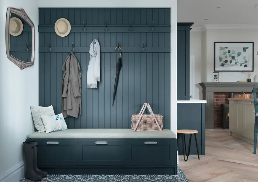 Skinny shaker-style boot room in marine blue
