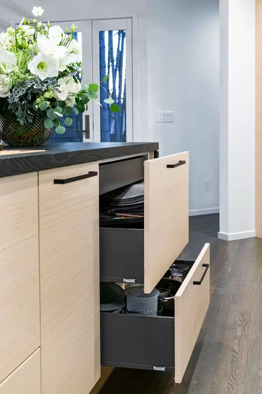 Scandi style kitchen showing drawer internals