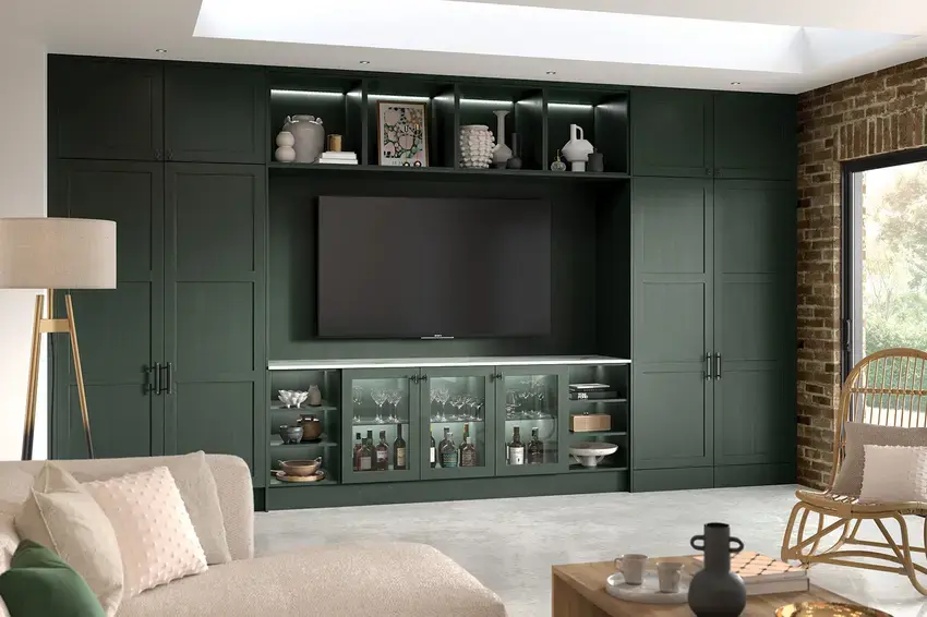Slim frame shaker-style media unit with pivot pocket doors