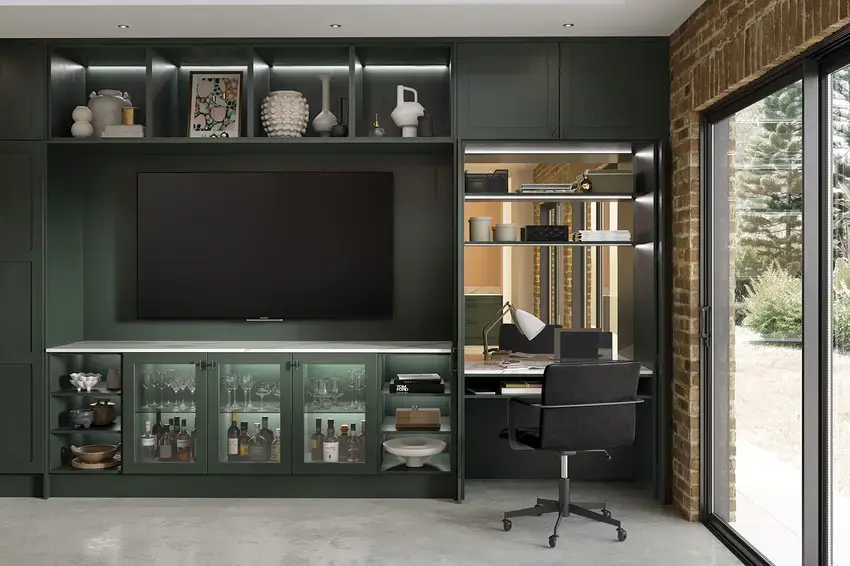 Slim frame shaker-style media unit with integrated workspace