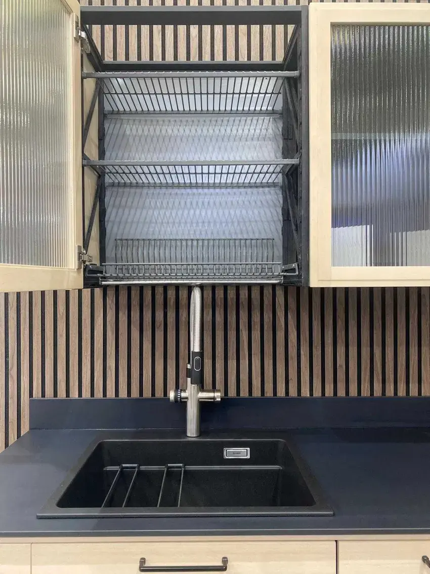 Puustelli Miinus sustainable kitchen drying cabinet above Blanco sink
