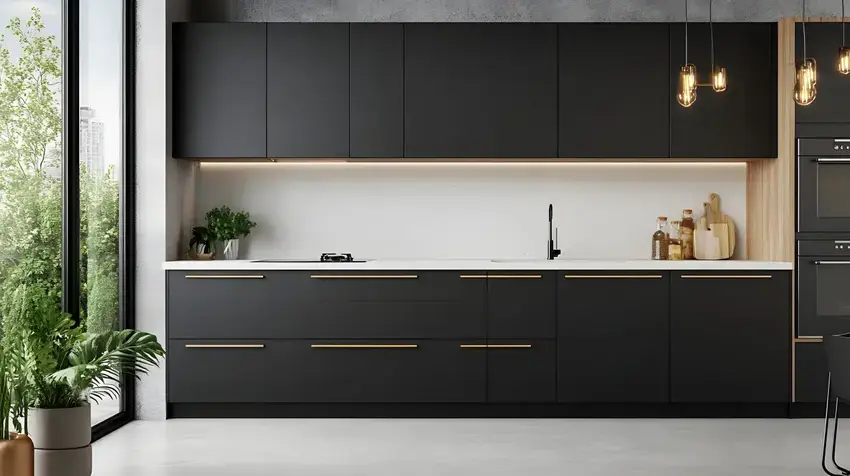 modern minimalist black matte kitchen with walnut framing detail