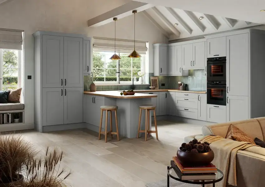 beaded shaker style kitchen painted silver grey