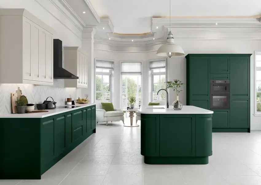 integrated handle slim frame shaker style kitchen painted fir green