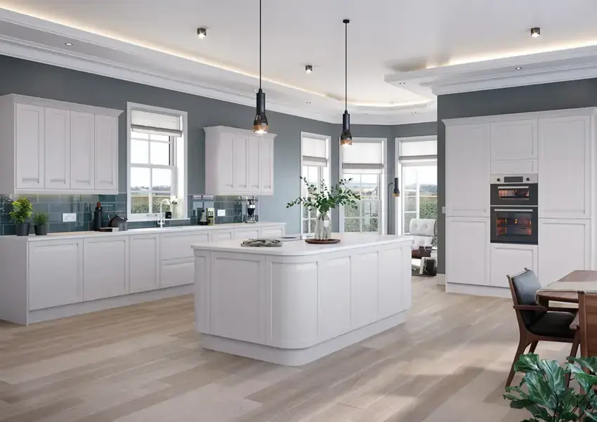 integrated handle slim frame shaker style kitchen painted light grey