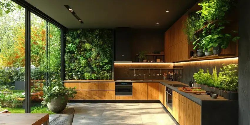 kitchen featuring sustainable materials and indoor plants