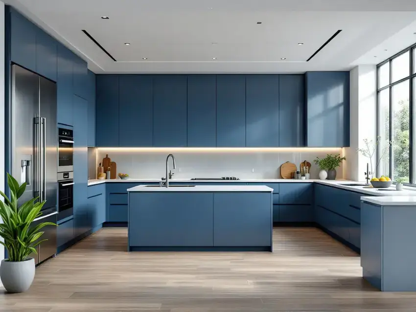 modern handleless kitchen with tyrolean blue cabinetry and light mineral worktops