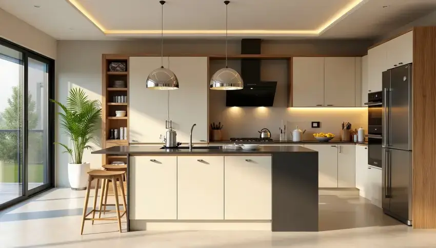 modern kitchen with crema beige doors, walnut panels, and porcelain worktops