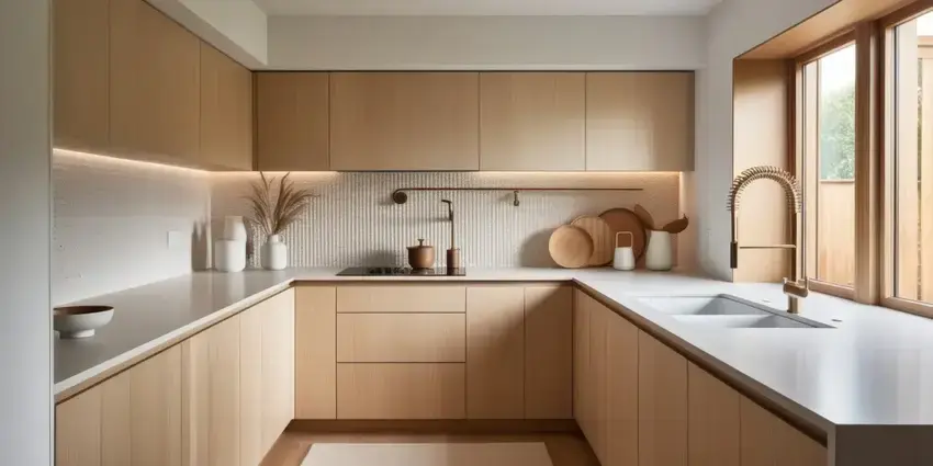 scandinavian style kitchen using egger vincenza oak mfc decor board and white porcelain work surfaces