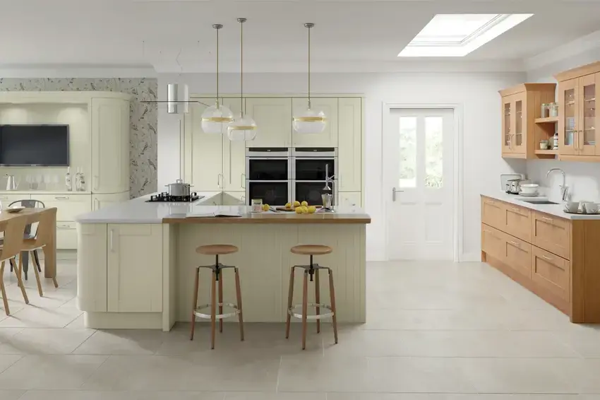 shaker-style kitchen featuring v-groove doors in mussel and oak