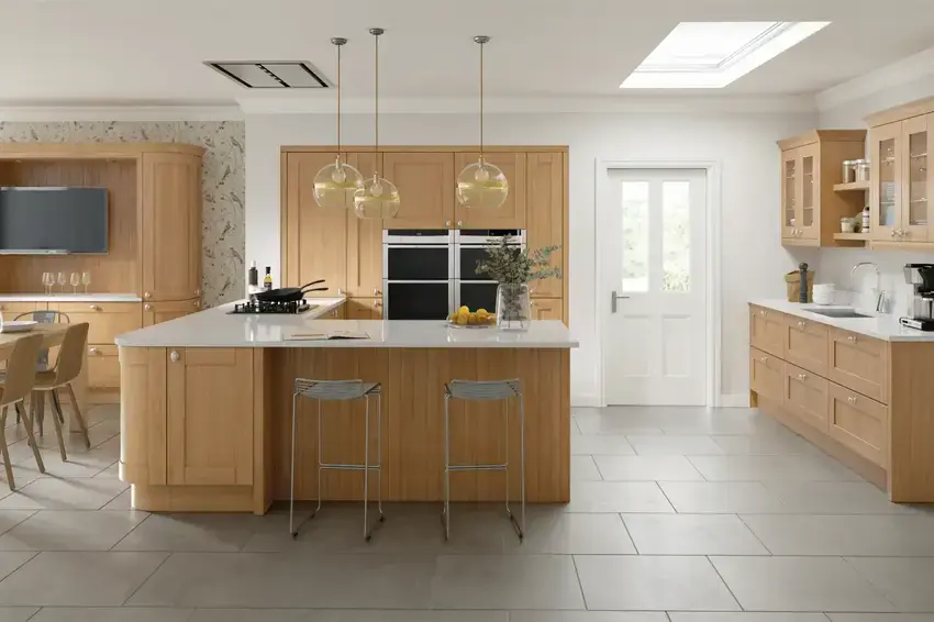 shaker style kitchen with timber v-groove doors in natural oak