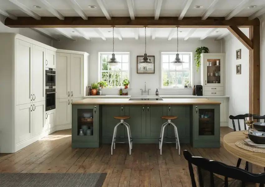 shaker style kitchen with classic v-groove frame joines - painted reed green and porcelain