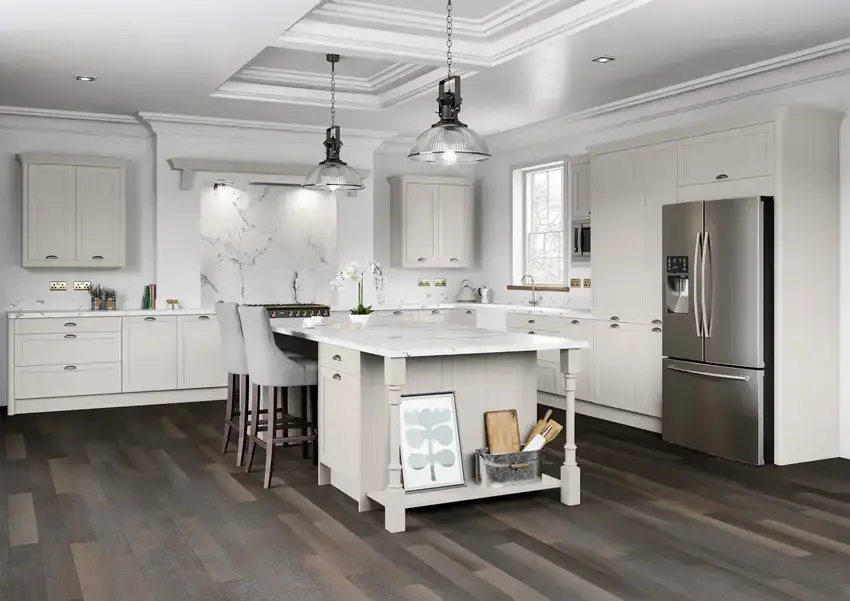 slim frame shaker style kitchen painted mussel