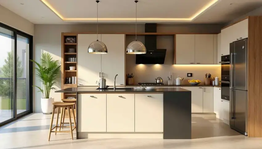 modern sand beige and dijon walnut kitchen