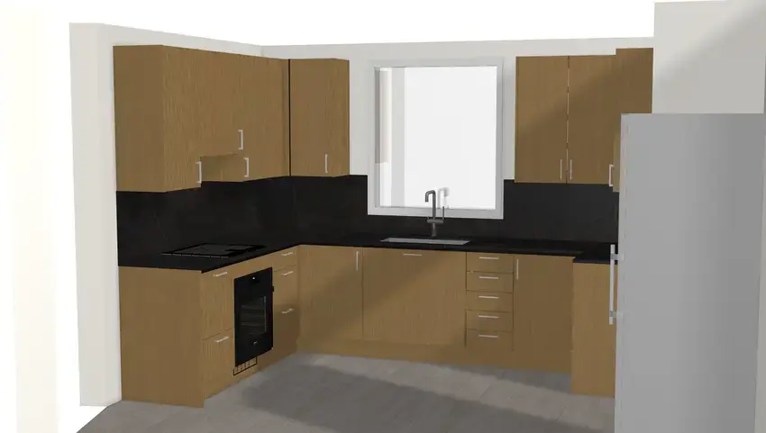 Modern Kitchen, Oak Look Fronts, Deco Handles in Chrome