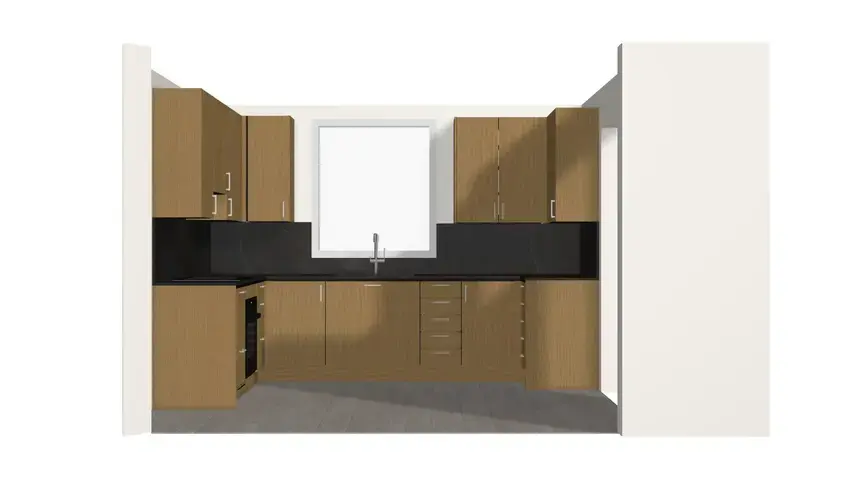 Modern Kitchen Sink Run, Oak Look Fronts, Déco Handles in Chrome