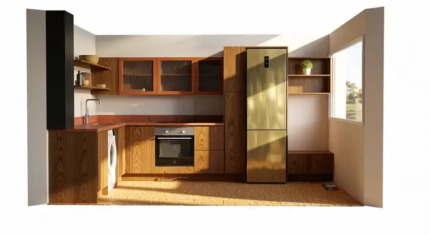 small modern kitchen illustration aida walnut and orange
