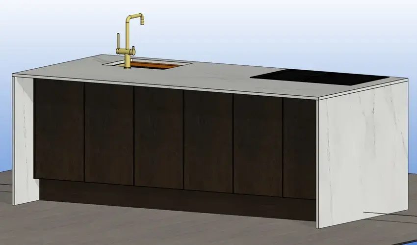 brook house kitchen island angled to show worktop overhang