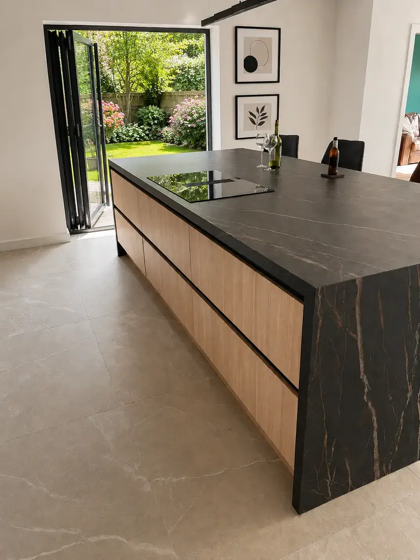 modern handleless sustique engineered kitchen view of island liverpool