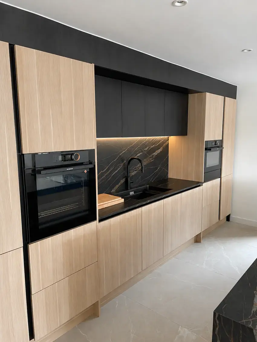 modern handleless sustique engineered kitchen sink and oven run liverpool