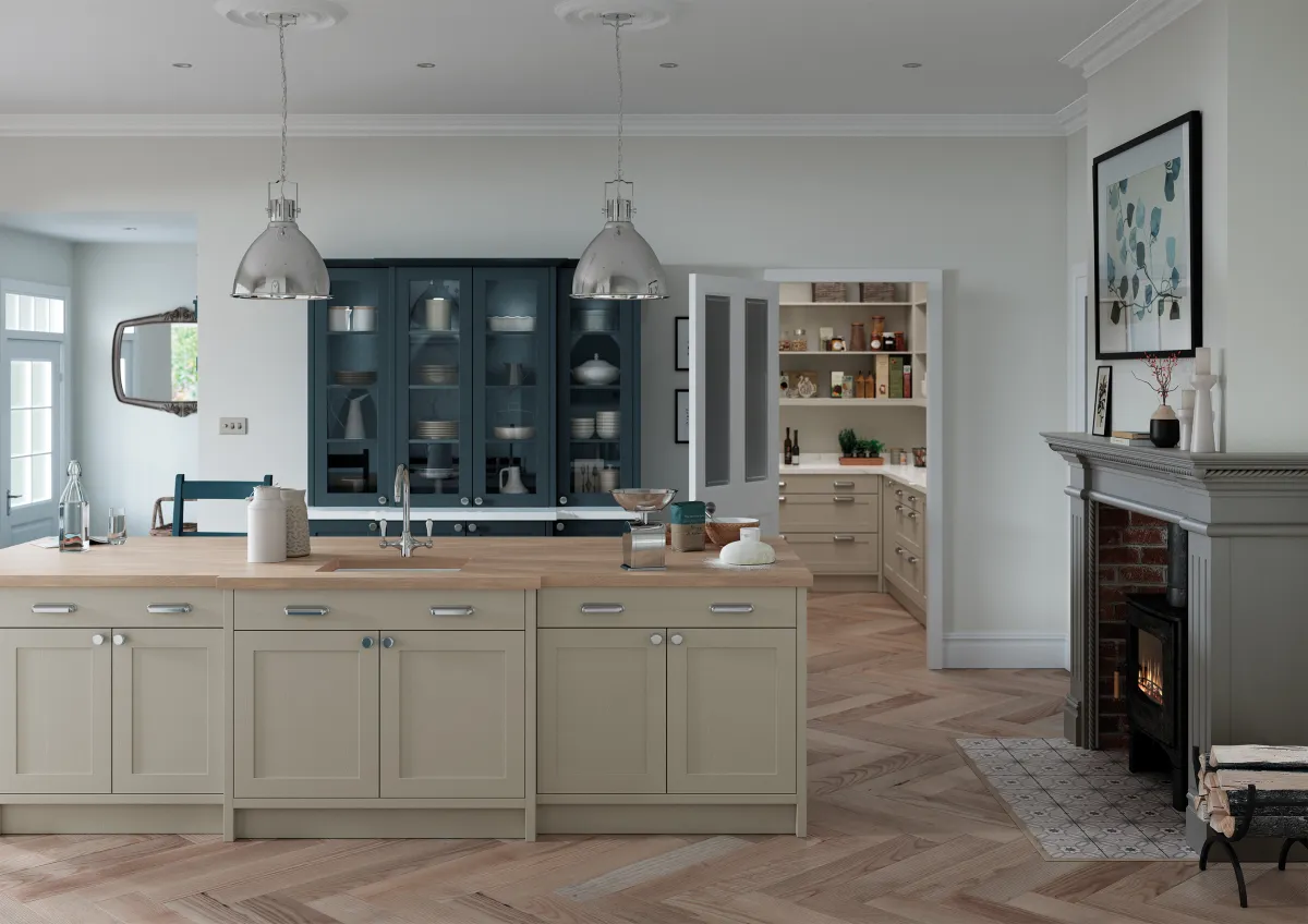 Skinny shaker-style kitchen painted marine blue and stone