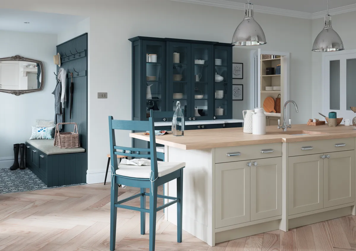 Skinny shaker-style kitchen island and dresser in marine blue and stone