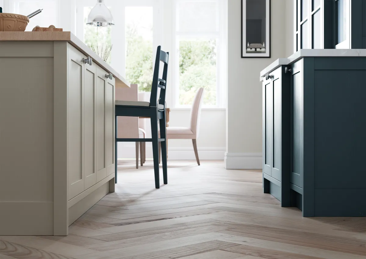 Skinny shaker-style kitchen in marine blue and stone