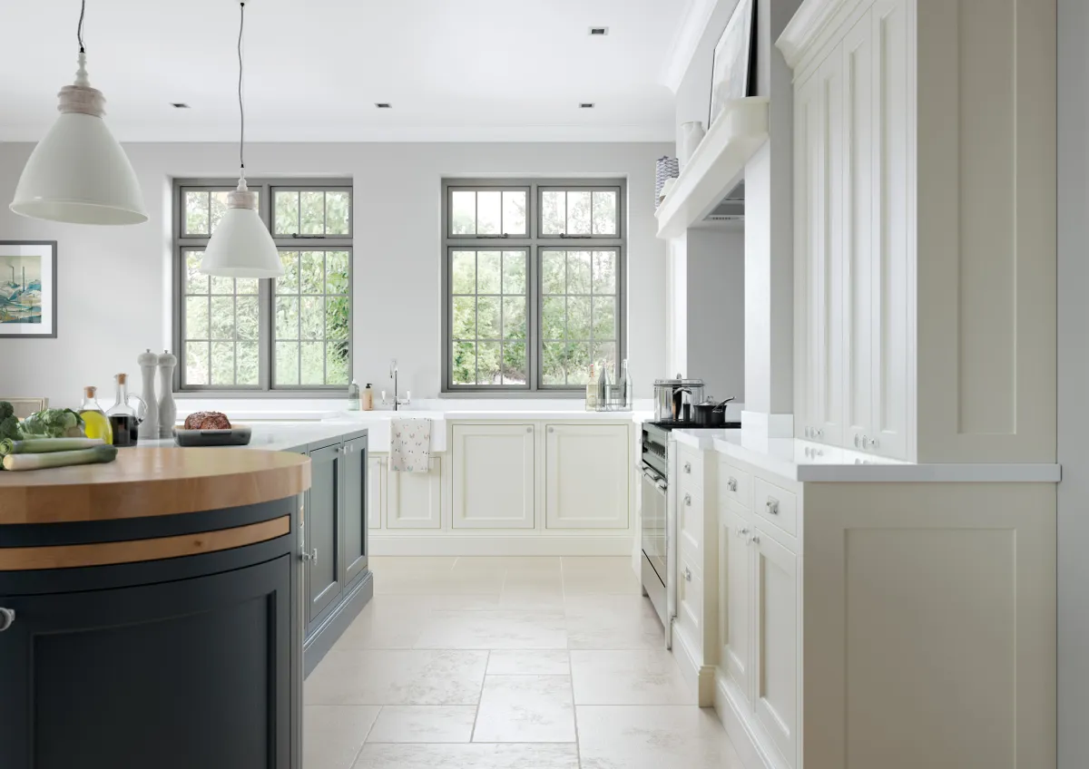 In-frame shaker-style kitchen painted slate blue and porcelain