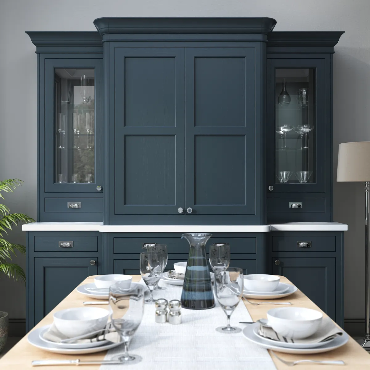 In-frame shaker-style dresser unit painted slate blue