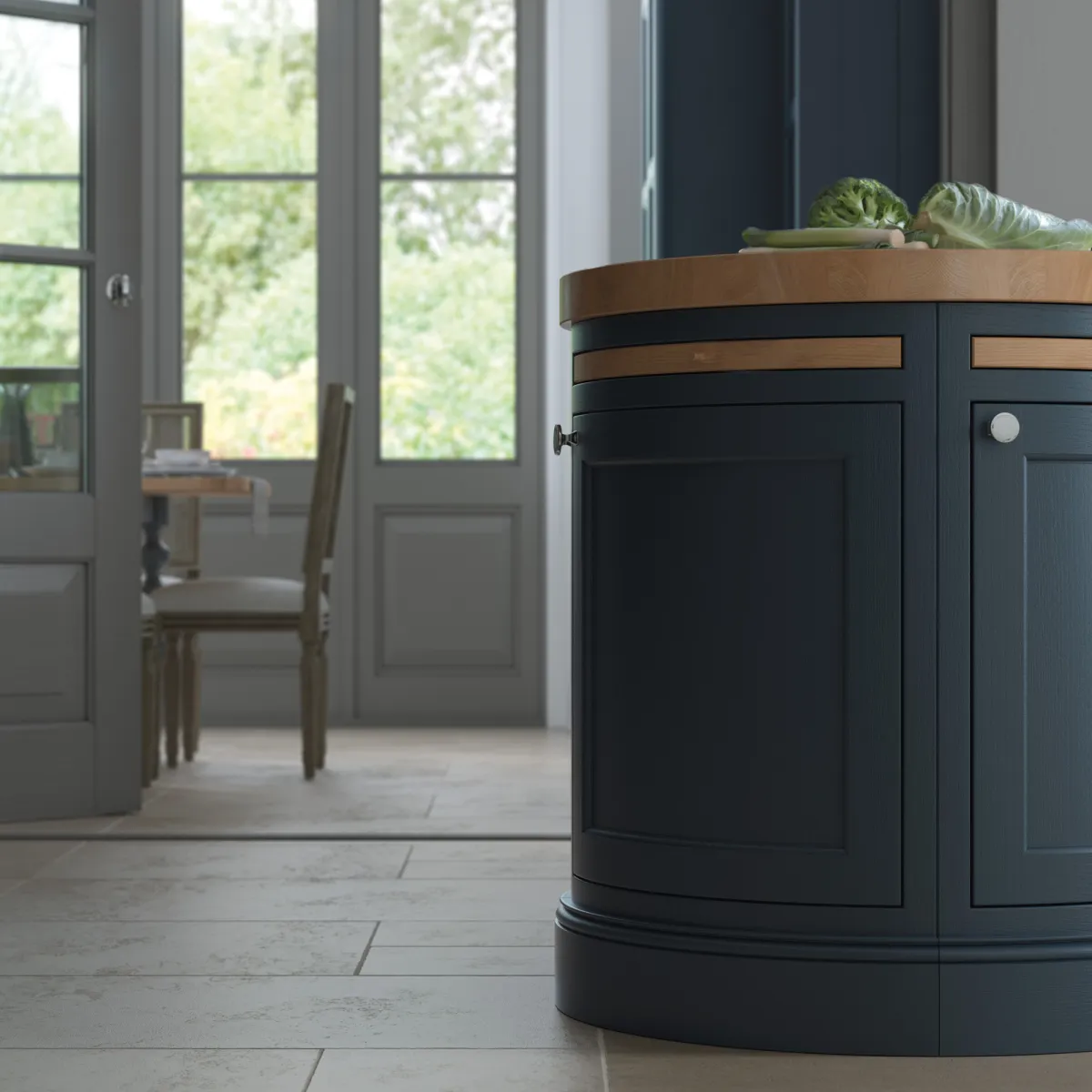 In-frame shaker-style kitchen island painted slate blue