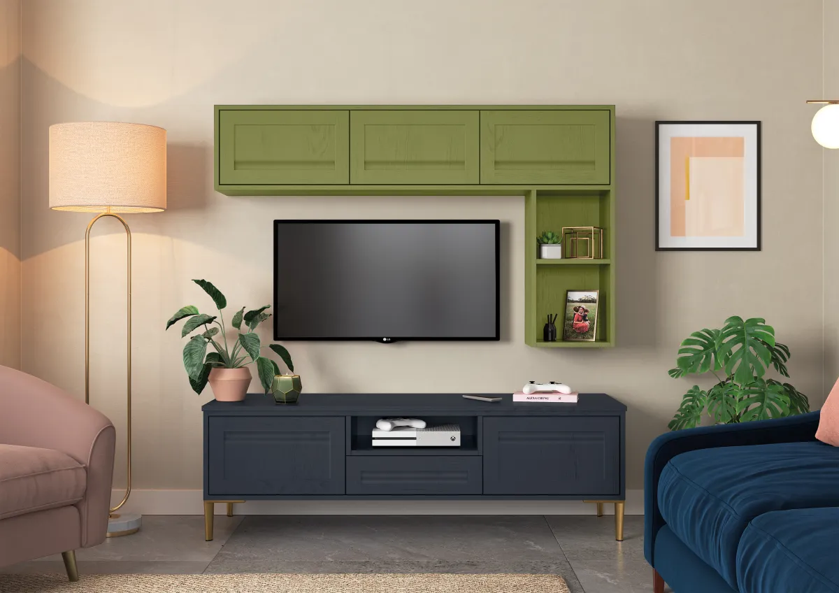 Shaker-style handleless media wall painted slate blue and citrus green