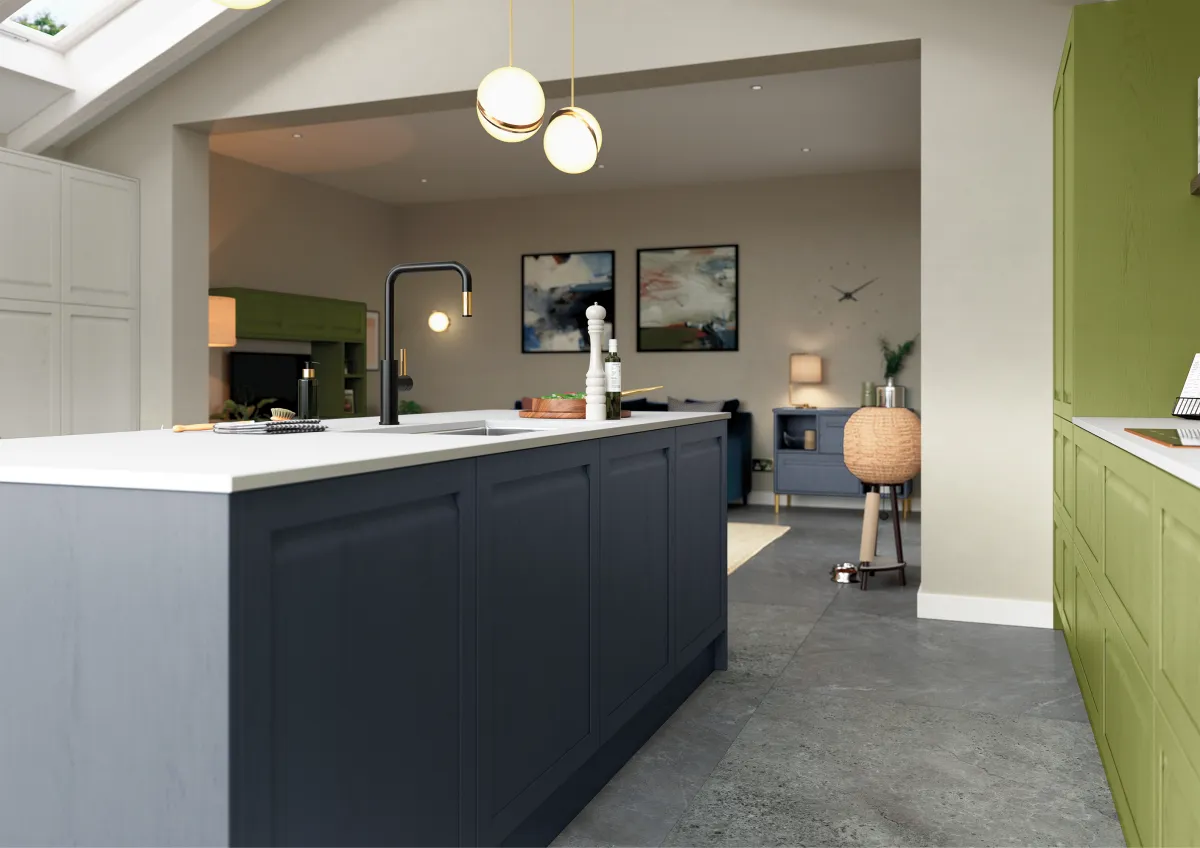 Shaker-style handleless kitchen island in slate blue