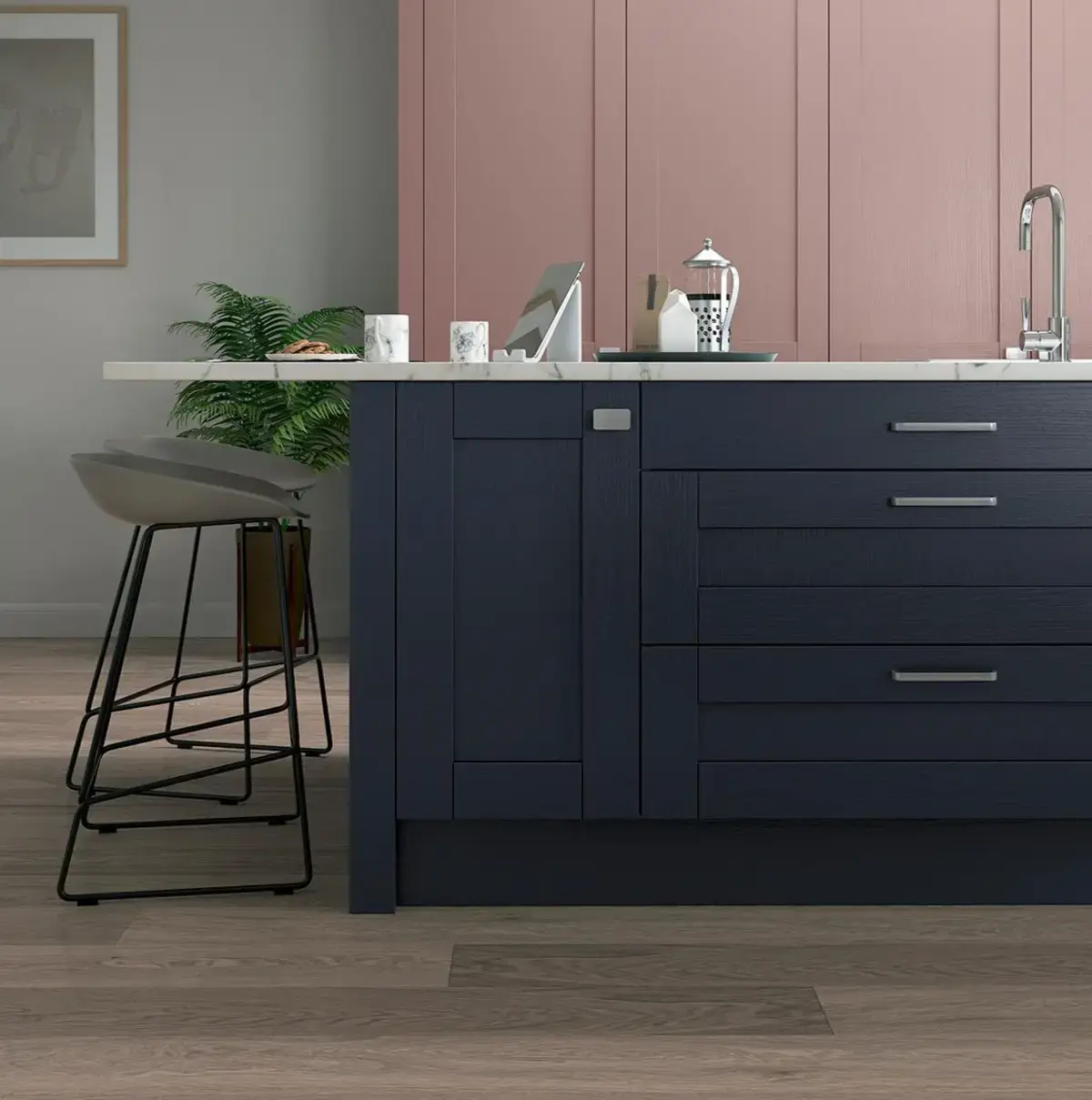 Contemporary shaker-style kitchen island in slate blue