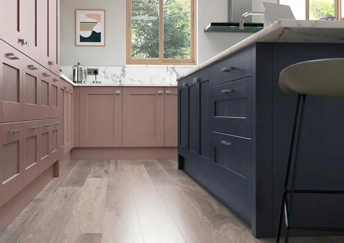 Contemporary shaker-style kitchen painted vintage pink and slate blue