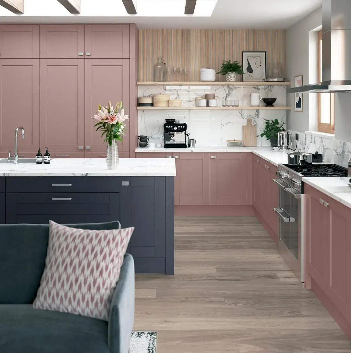 Contemporary shaker-style kitchen in vintage pink and slate blue