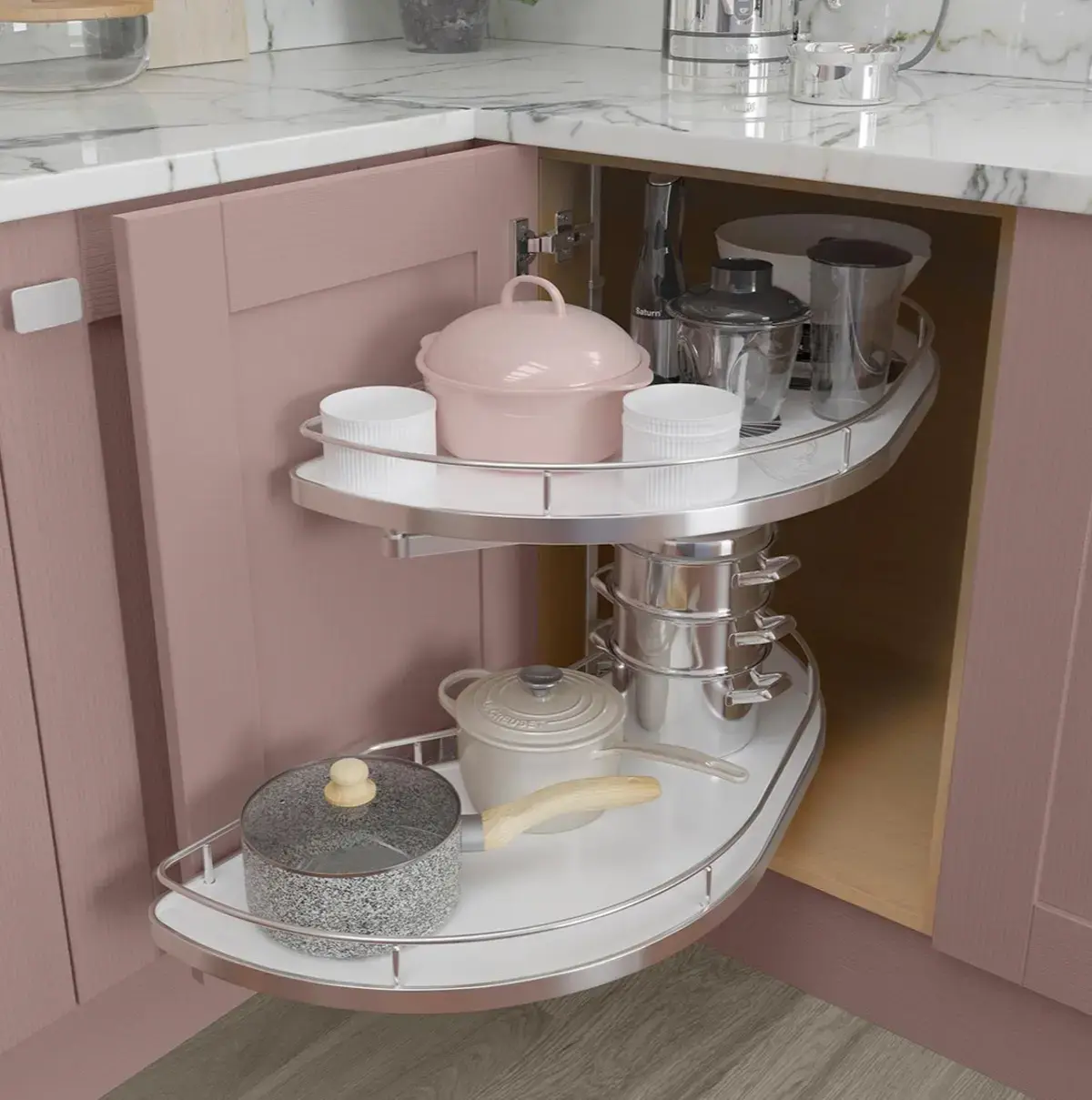 Contemporary shaker-style corner base unit with pull out shelving
