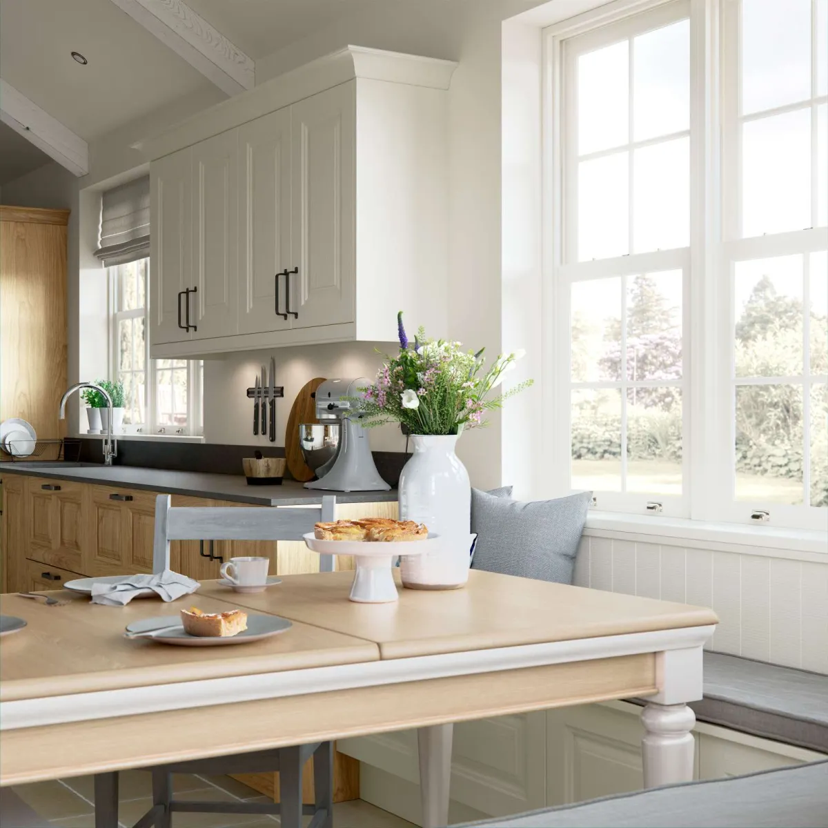 Traditional shaker-style kitchen seating area painted ivory