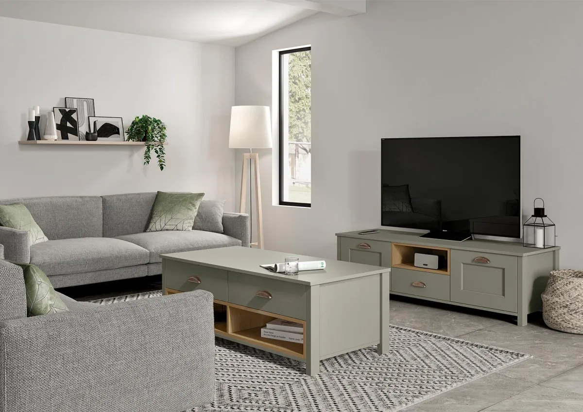 Shaker-style coffee table and media unit in light oak and cardamom