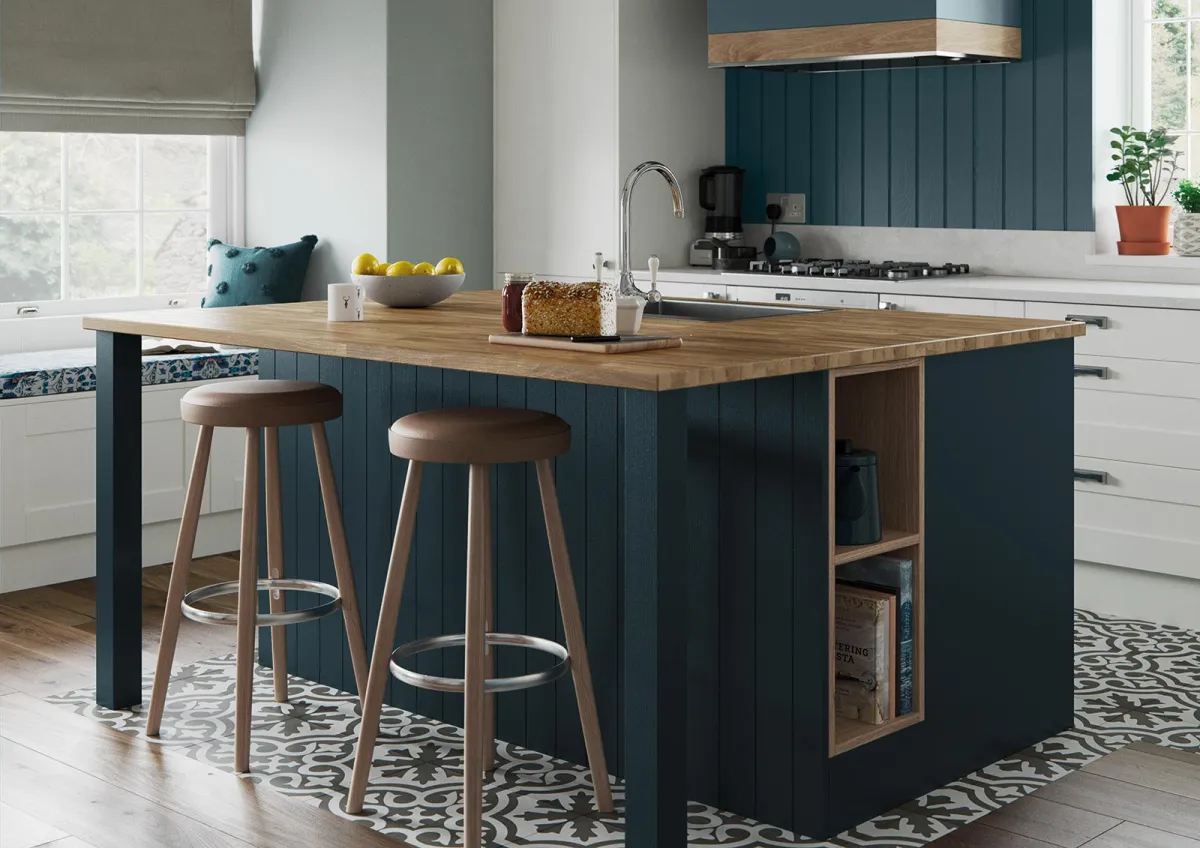 Shaker-style kitchen island painted marine blue