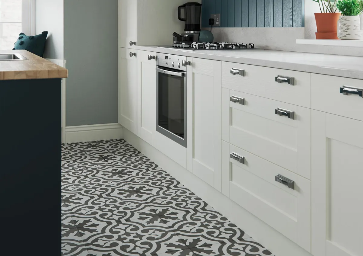 Shaker-style kitchen painted porcelain with decorative tiled flooring