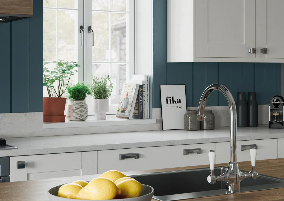 Shaker-style kitchen painted marine blue and porcelain