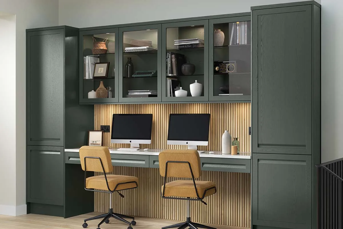 Shaker-style home office with interated handle painted heritage green