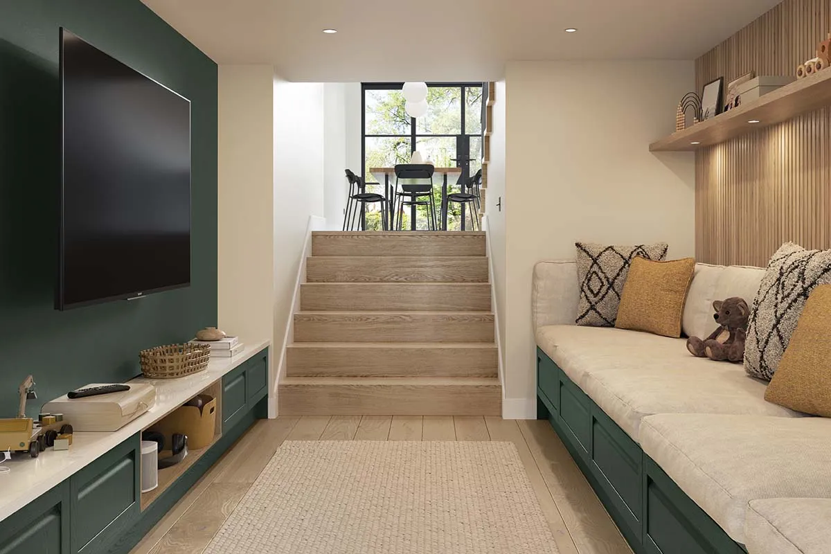 Shaker-style snug area with integrated handles painted heritage green